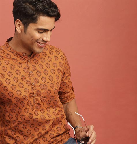 Men Mustard Orange & Green Bagru Printed Sustainable Straight Kurta with Roll-Up Sleeves